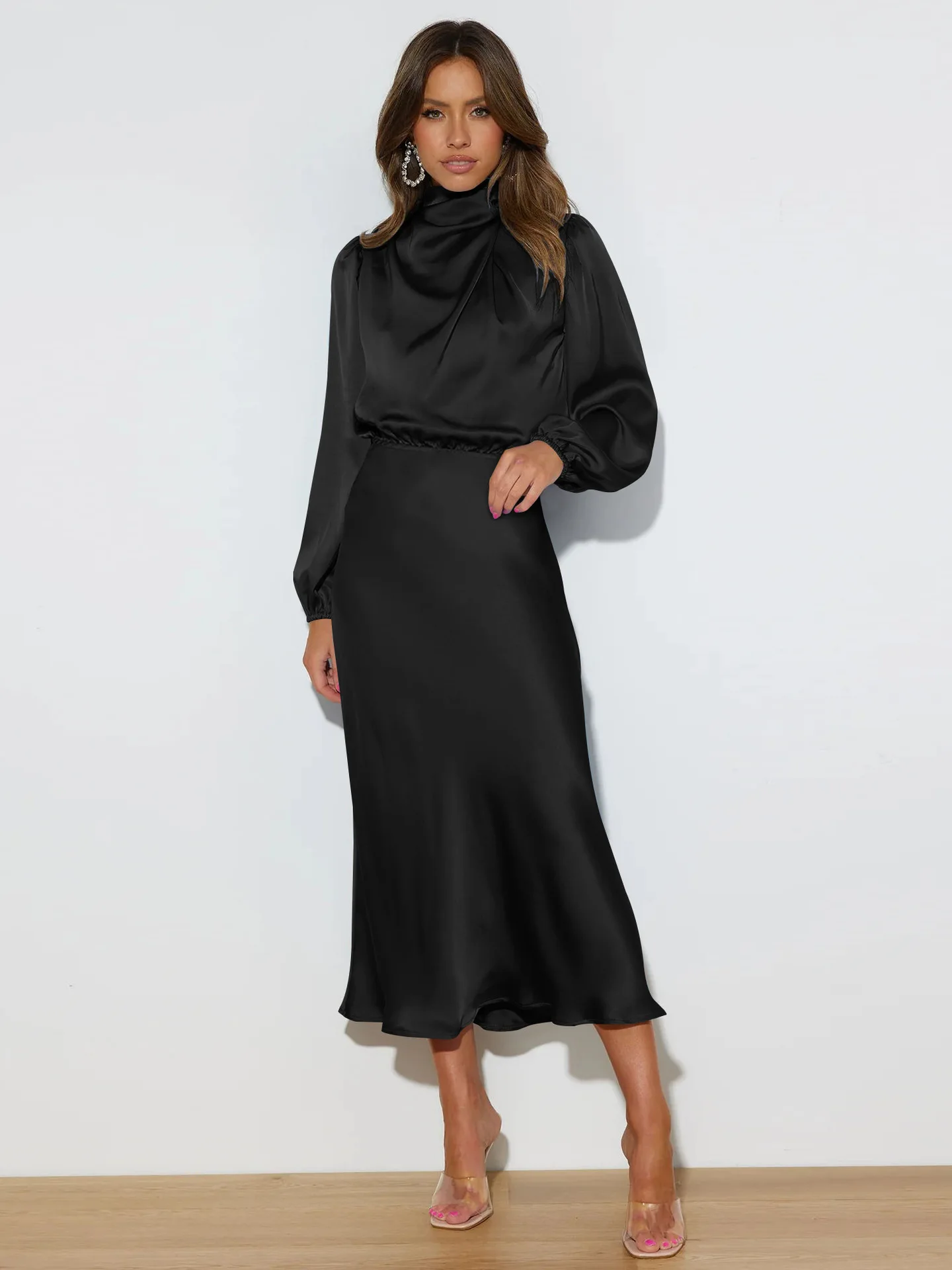Straight Neck Ruched Satin A-line Maxi Dress With Pockets Slit main image 0