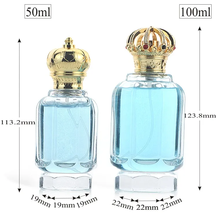 Luxury 50ml 100ml Polygon clear Empty Thick Bottom Dubai Perfume Glass Bottle  with Crimp Sprayer Crown Zamac Lid