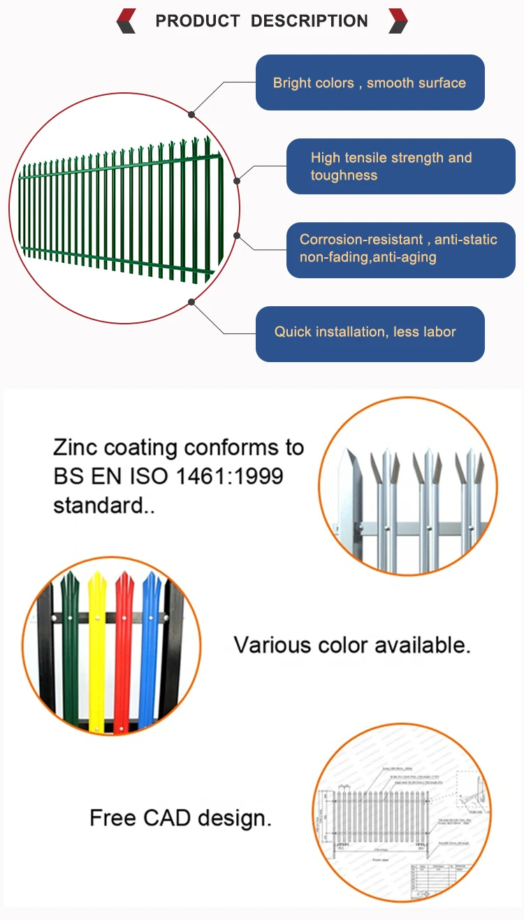 Europe Palisade W Type Palisade Fencing Dipped Galvanized Steel Fence