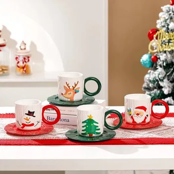 Creative Embossed Christmas Snowman Ceramic Mug and Saucer Set Personalized for Breakfast Afternoon Tea or Party for Coffee