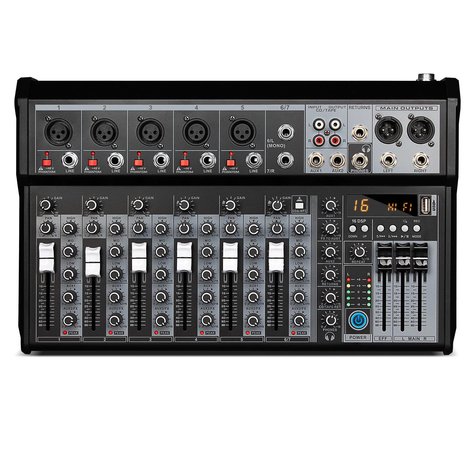 KA6 Digital Blue Tooth Professional Audio Mixer 7 Channels Audio Mixer Console 16 DPS Effects USB Audio Mixer 48v