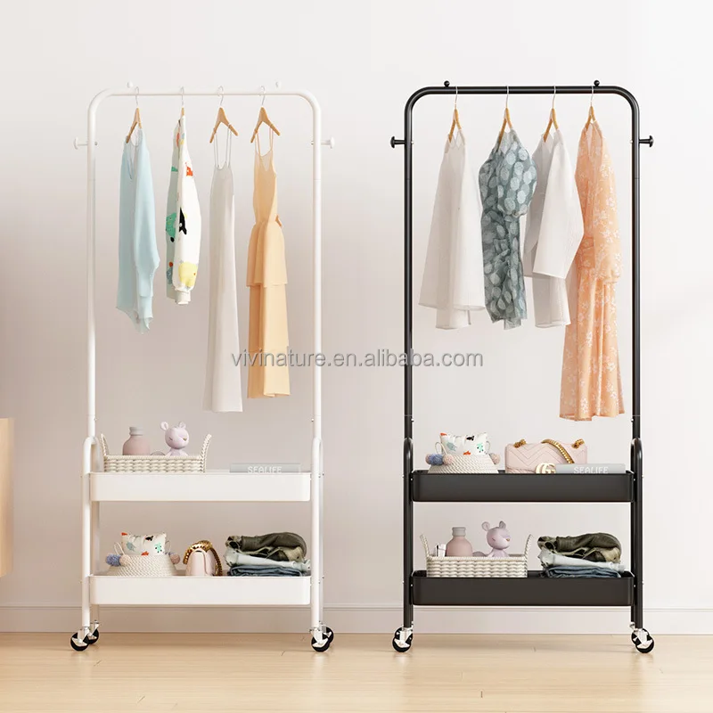 Garment Cloth Rolling Storage Metal Cart Clothes Organizer Coat Rack Storage Stand on Wheels