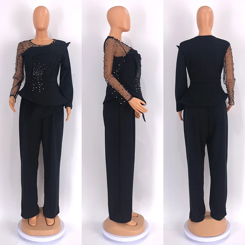 Fashion Elegant Plus Size Solid Color Mesh Stitching Bead Outfits for Women Wide Leg Pants Formal Suit Two Piece Women