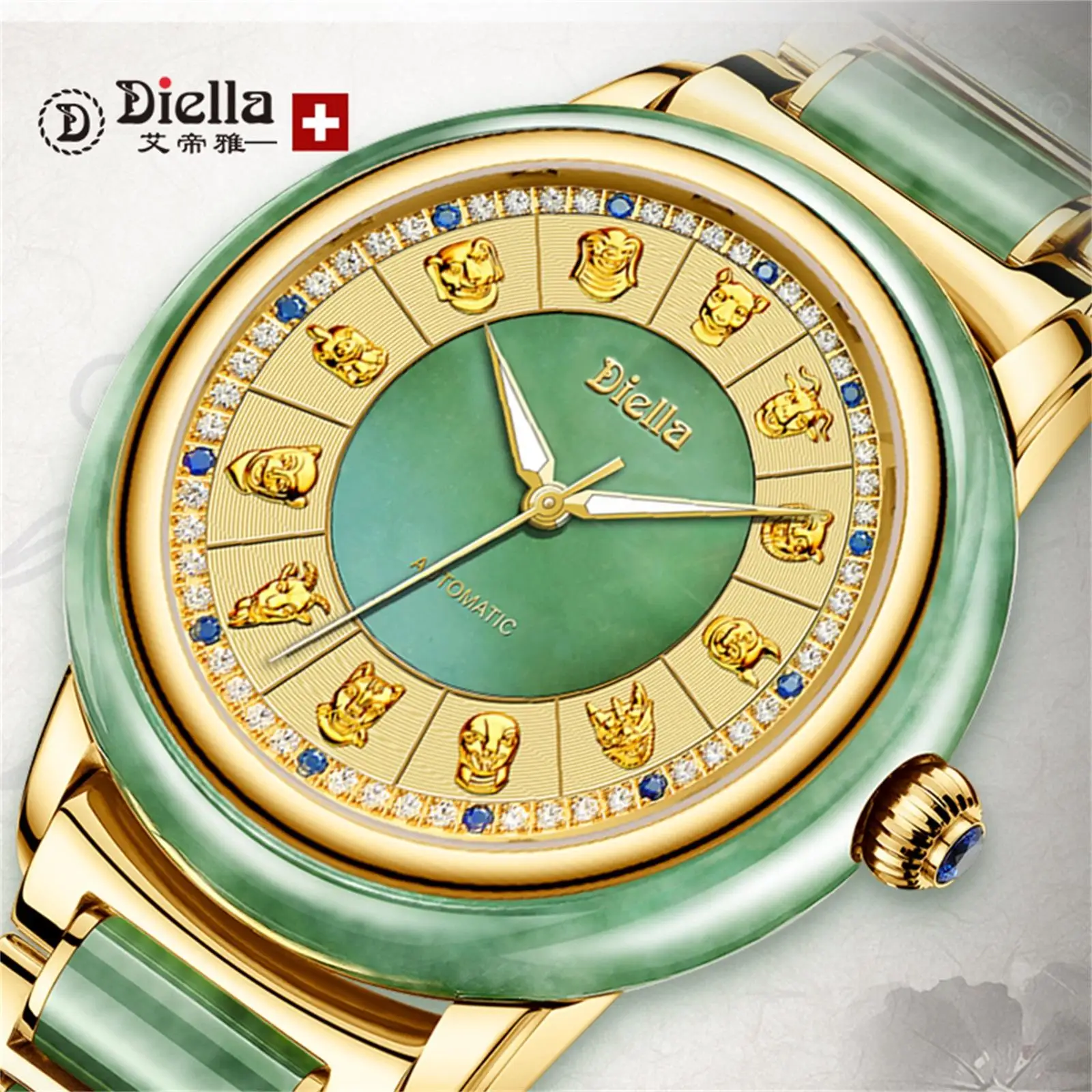 Orologio Meccanico da Uomo Diella, Orologio Automatico con Giada, Orologio da Coppia, Orologio da Polso Femminile Semplice e Trendy, Orologio di Lusso da Uomo per Affari con Vetro Zaffiro 6007