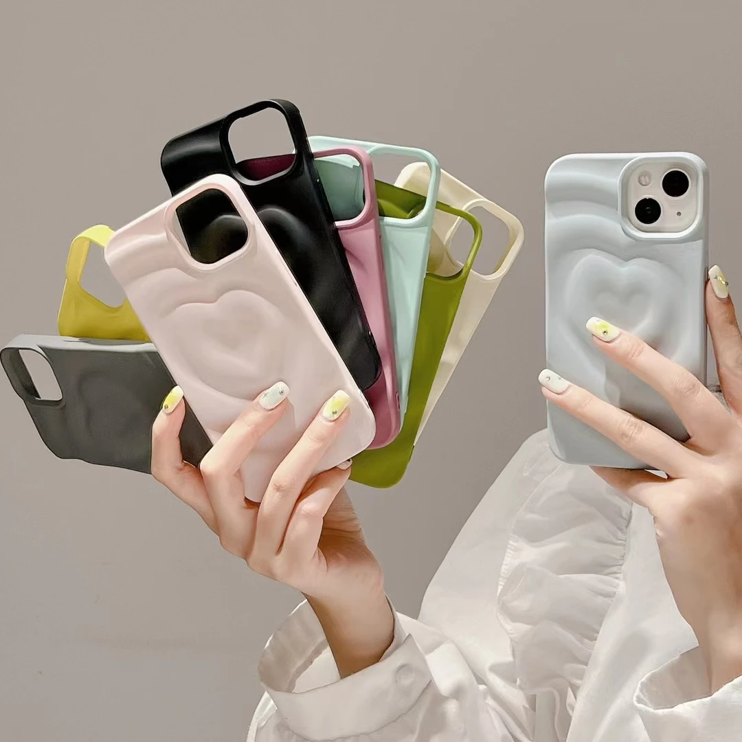 고급 전기 판 3D 사랑 심장 물 리플 전화 케이스 아이폰 14 13 12 11 프로 맥스 케이스 소프트 실리콘 충격 방지 커버