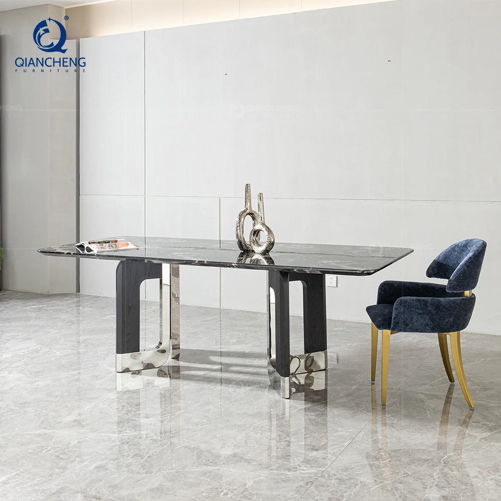 China Dining Room Furniture Marble Dining Table Set Rectangle Silver  Stainless Steel Base Dining Tables