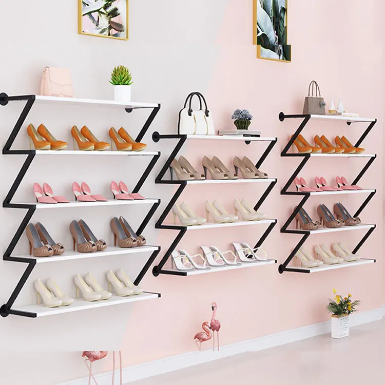 Space Saving Luxury Shoe Store Furniture Gold Metal Wall Mounted Shoes Display Stand Rack Shelf