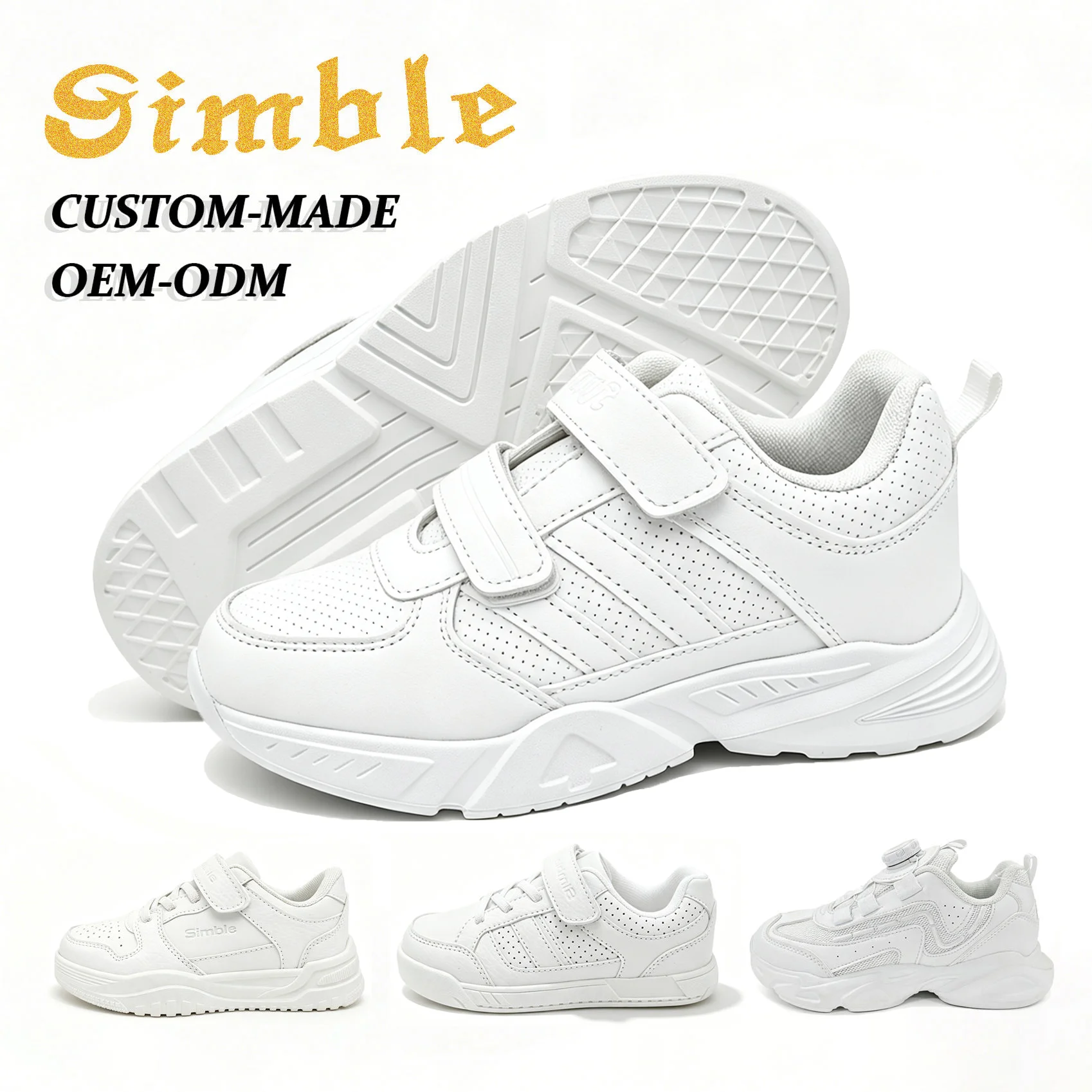 OEM Custom Campus Kids Casual Sneakers Hard-wearing PU Soft EVA Double Buckle White Children School Shoes
