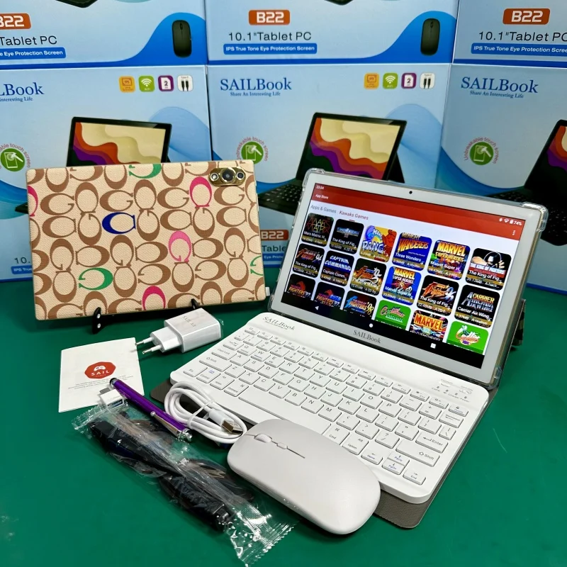 10 Inch Tablets With Sim Card SAILBook B22 10.1 Android Tablet HD Screen with a Keyboard and Mouse 5600mah Tablet Pc for Kids