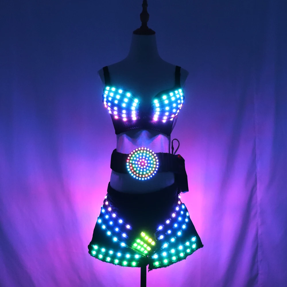 Full-Color LED Luminous Light Party Skirt Sexy Girl LED Light Costumes Ballroom Dance Outfit for Adults Unisex DJ DS Bra Suit