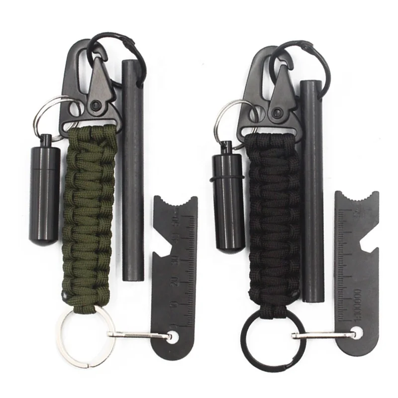 EDC Outdoor Survival Paracord Keychain Kit with Fire Starter Rod Waterproof Capsule Tinder