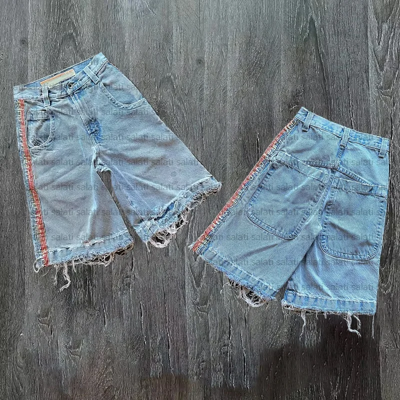 Customized High Quality Streetwear Acid Pickling Lower Hem Cut Edge Denim Short Pants HeavyWeight Vintage Shorts Jeans for Men gallery 4
