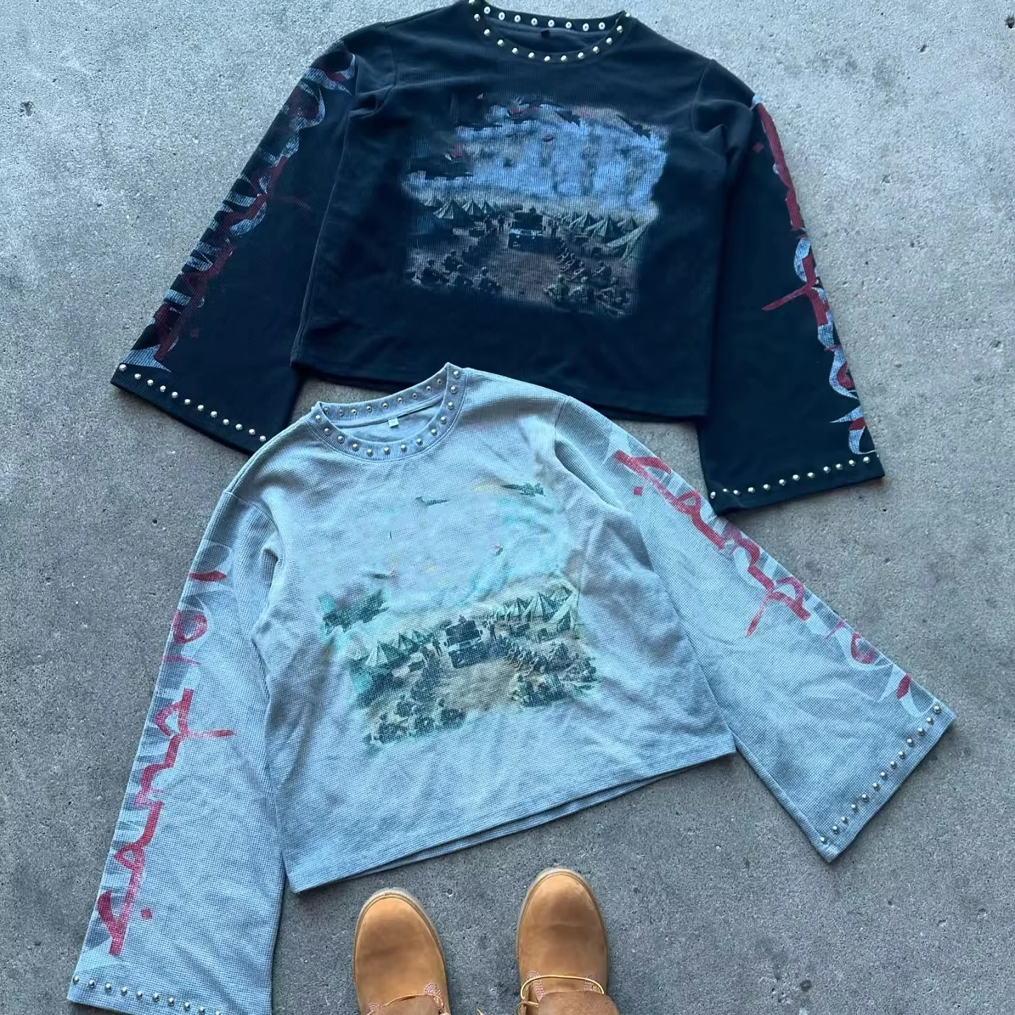 Clothing Manufacturers Custom Streetwear Graphic Printed Rivet Waffle Long Sleeve Oversized Cropped T-shirt Boxy t Shirt for Men