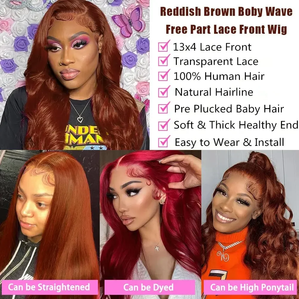 Rötlich Braune Body Wave Echthaar Lace Front Perücke Glueless_voghion.com