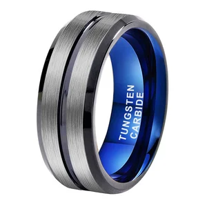 Coolstyle Jewelry 8mm Black Blue Tungsten Carbide Ring for Men Women Engagement Band Beveled Edges Grooved Brushed Comfort Fit