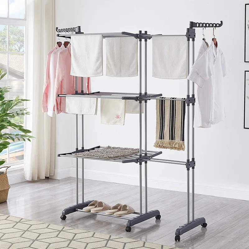 Movable Household Folding Telescopic Metal Double-Pole Clothes Drying Rack Floor-Standing Towel Drying Rack