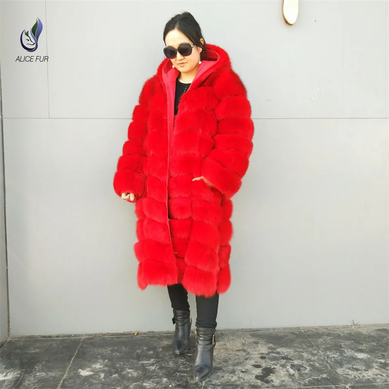 Alicefur Long Style Dyed Real Fox Fur Coat With Hood For Women - Buy ...