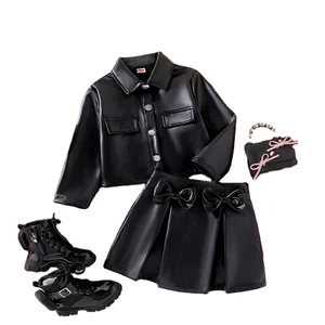 2026 Autumn Winter Kids Clothing Popular PU Lapel Single Breasted Leather Coat Bow Skirt Fashion Girls Clothes Set