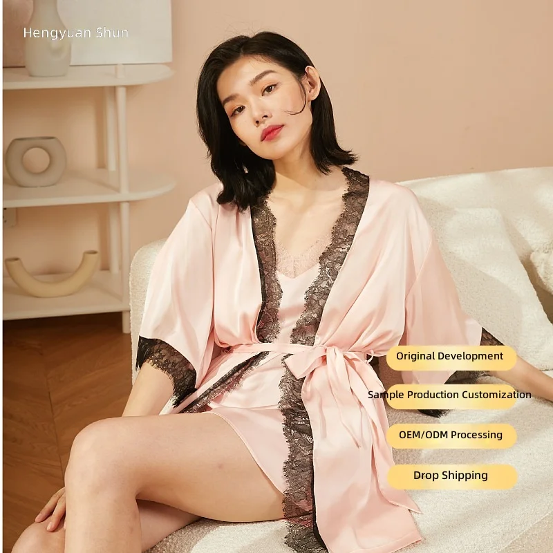 New Satin Long Sleeve Night Pajama Set for Men & Women Breathable Elastic Waist Silver Grey Skin-Friendly Texture