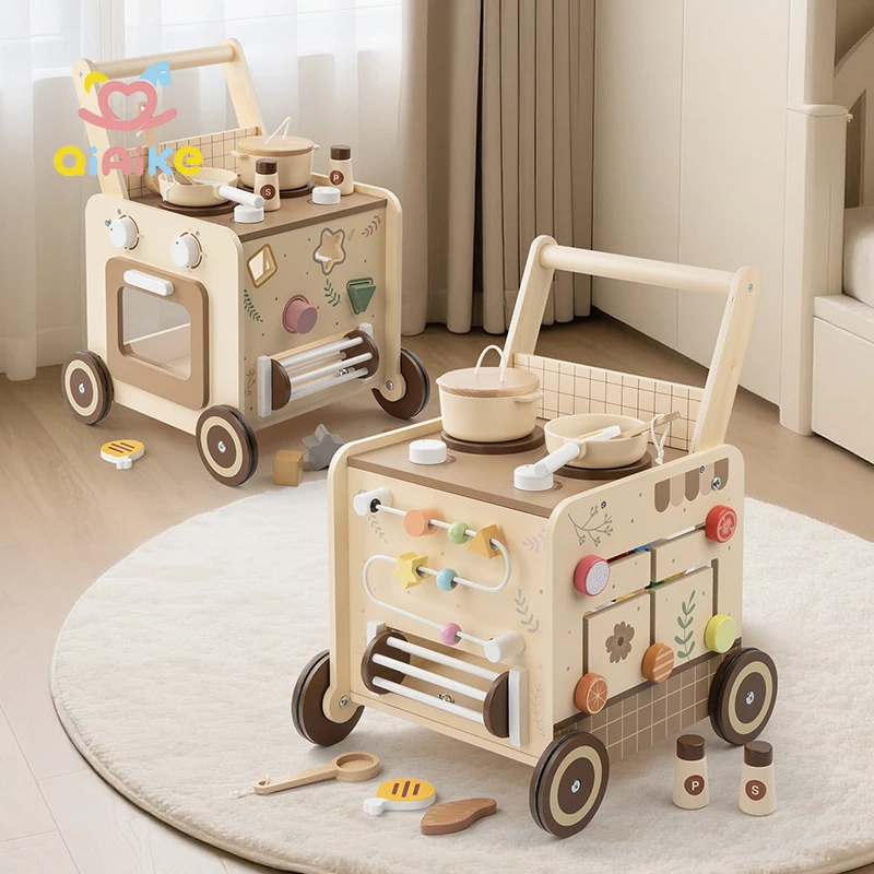 Wooden Baby Walker 4-in-1 Baby Push Walker with Pretend Kitchen Montessori Sensory Activity Center Push Walker Toys for Baby