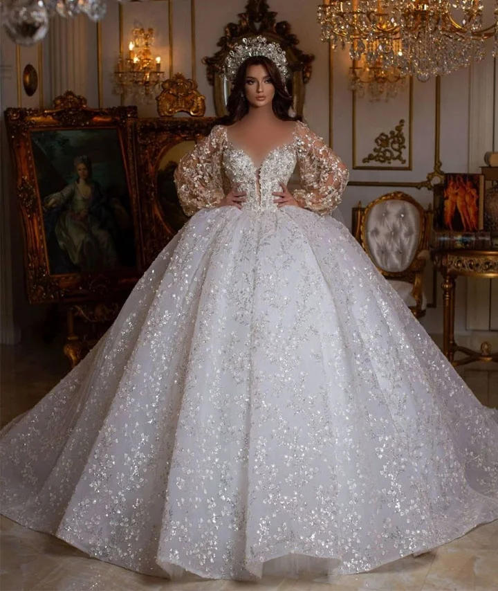 princess wedding dresses 2023 Custom-made Arabic Dubai Women's plus size wedding dresses with Illusion Long Sleeves, Beads, Crystal Lace, and African Puffy Princess Bridal Gown -