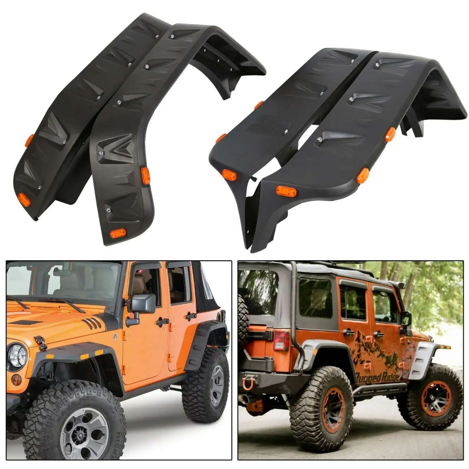 Transmotor Black Pocket Rivet Style Fender Flares For Jeep Wrangler JK (07-18) - 4pc With LED Side