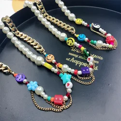 happy go lucky cartoon handmade 14k gold pearl y2k butterfly smiley face dice bead necklace colorful womens