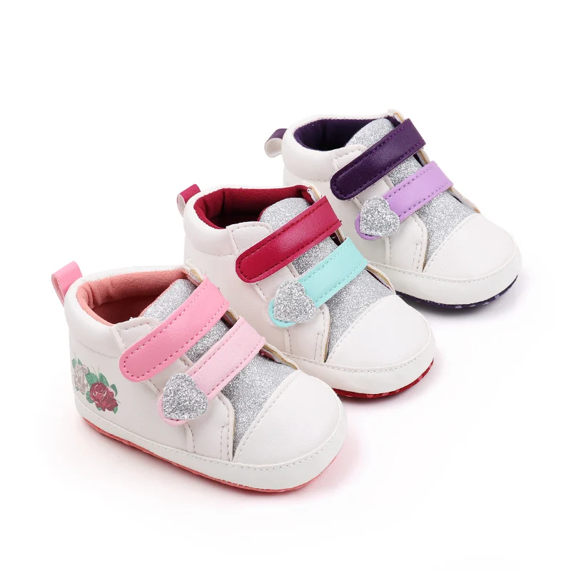 Glitter Heart Baby Girls Rose Print Pattern Different Colors Double Hook and Loop High Top Casual Shoes