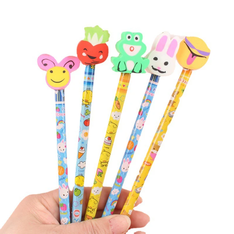 Low Moq Custom Engraved Printed Round Wooden Pencil With Animal Eraser Kawaii Kids Fancy Cartoon Pencils Sets for Children