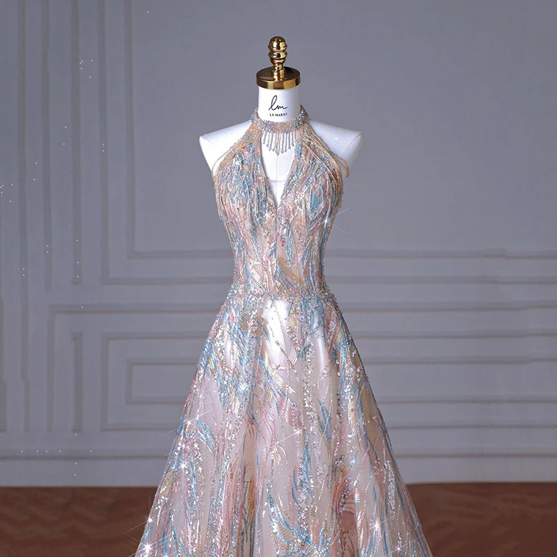 beaded halter party dress Betsy & Adam Embellished-Bodice Chiffon Gown - Navy/Rose