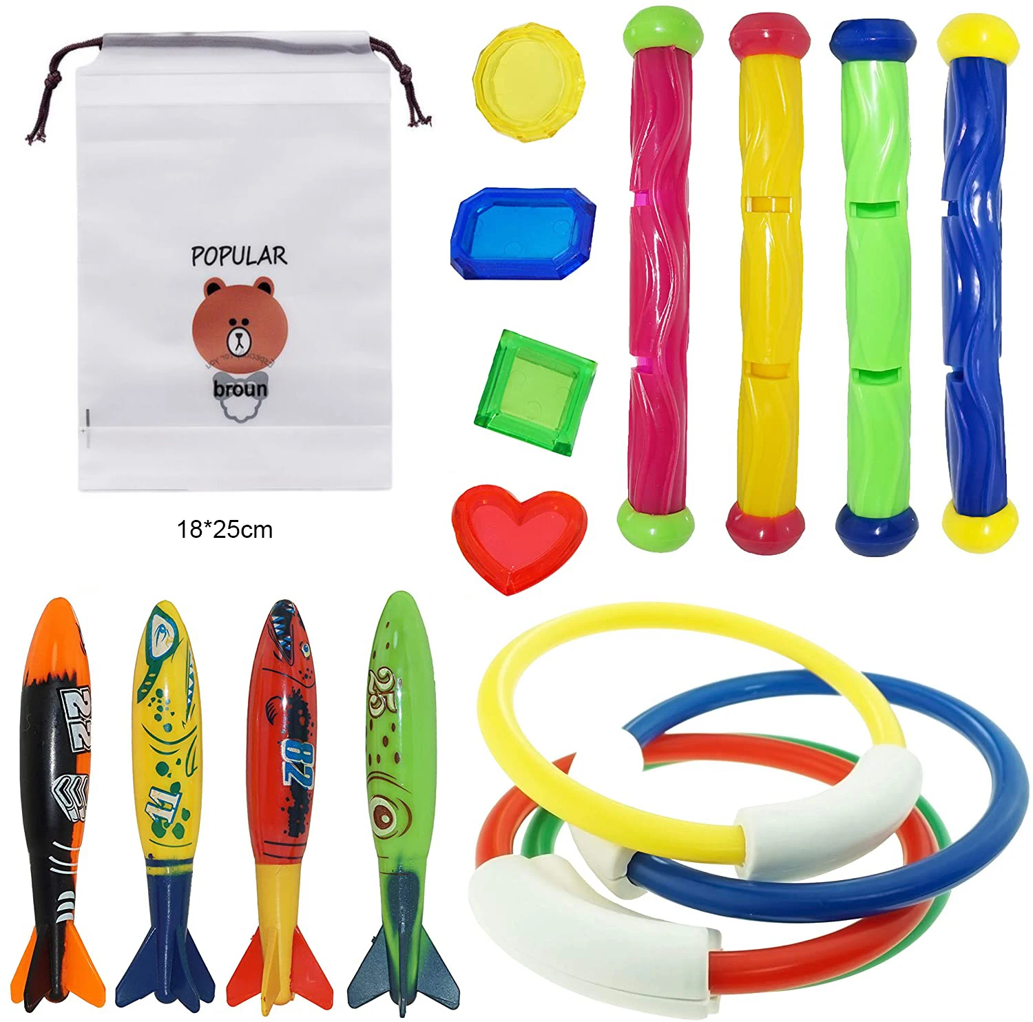 4 5 8 OPACC 19 Pack Diving Toys,Underwater Swimming/Diving Pool Toys Set Includes Pirate Treasures Toypedo Bandits, 3 Diving Rings, Water Grass, 