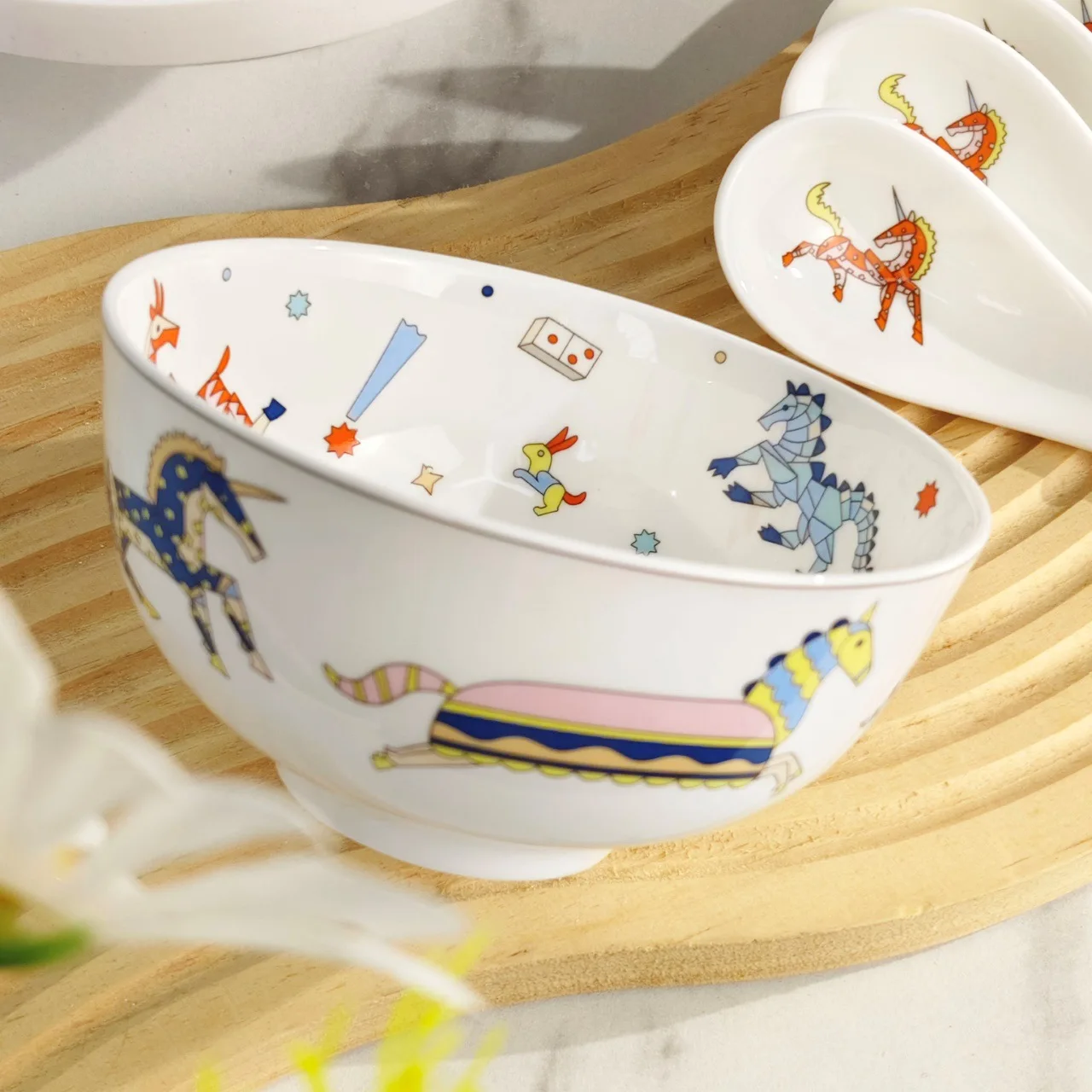 Loving Home Bone China Cute Bowl Set unicorn Pattern Six Bowls With Spoons  Household Rice Bowl - Main Image