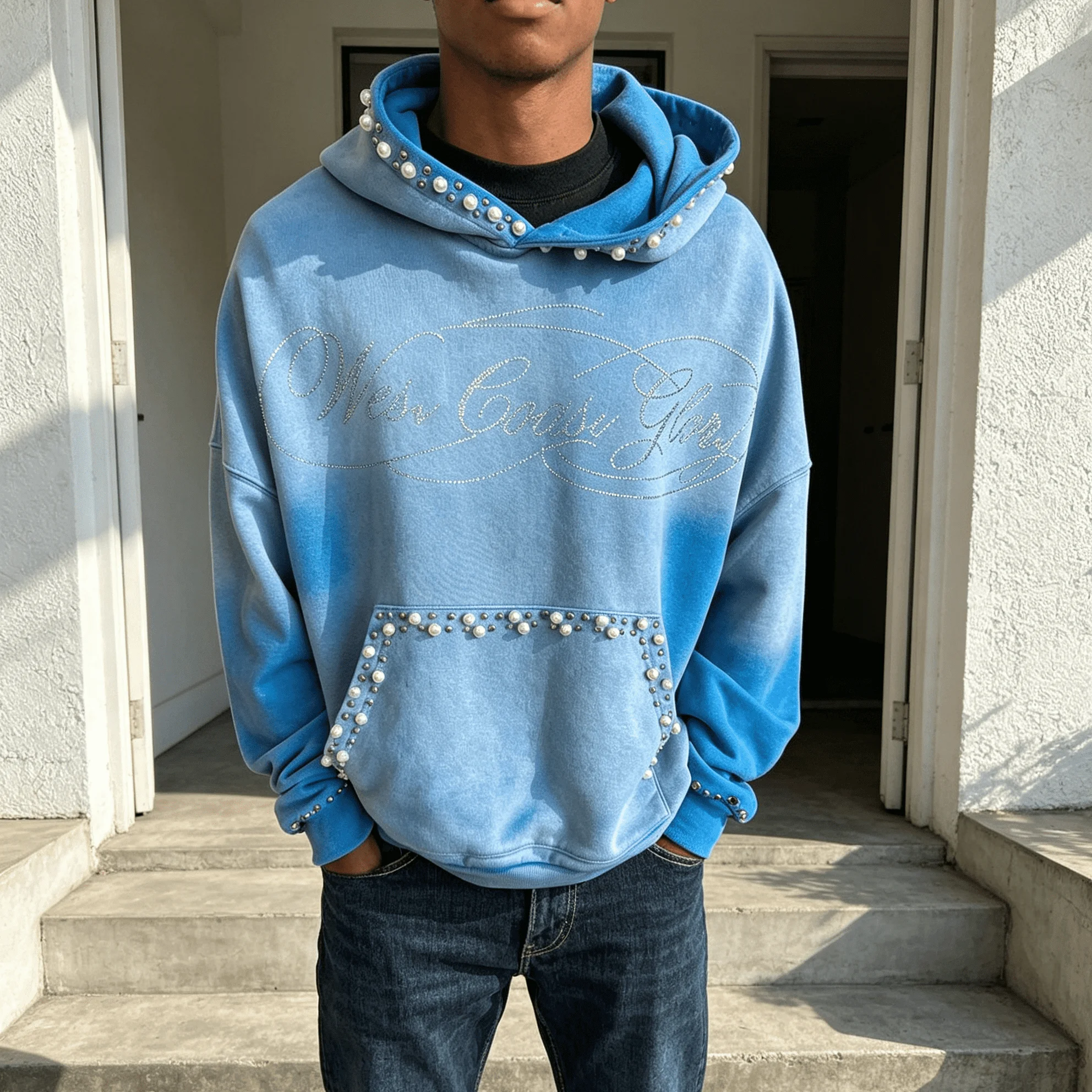 Custom Vintage Acid Washed Rhinestone Gems Decoration Hoodies for Men Fashion Streetwear Oversized Pullover Hoodies