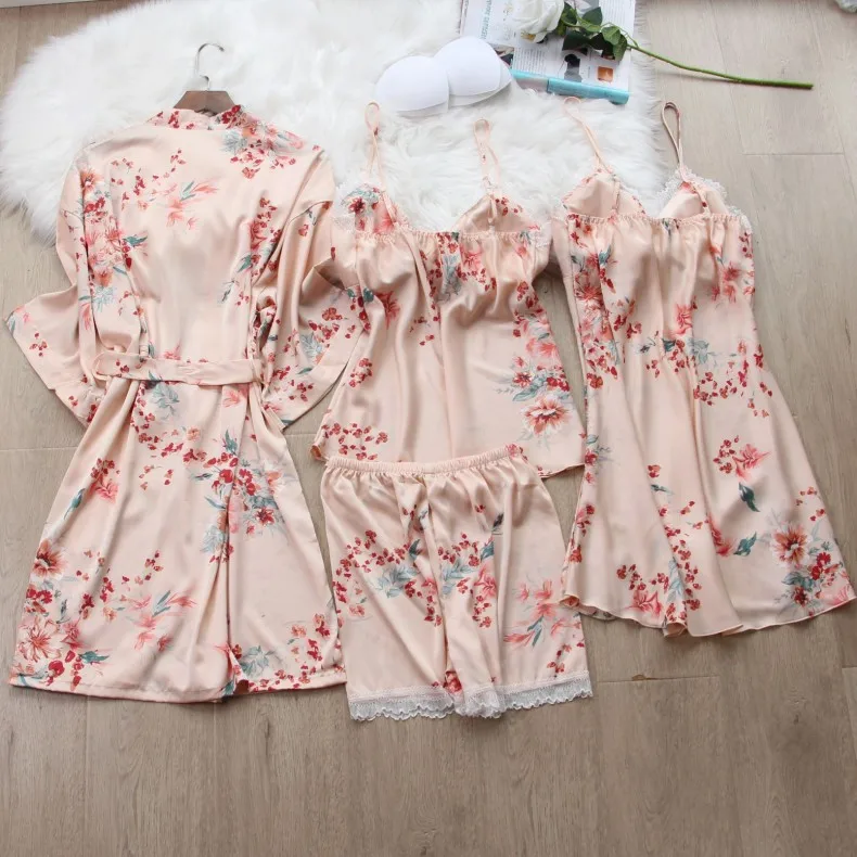 Floral pajamas women's sexy 5pcs ice silk thin nightdress long ladies nightgown