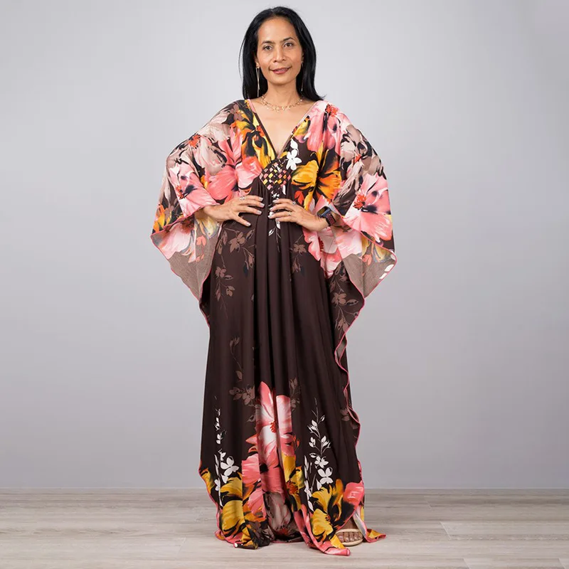 Luxury Women’s Beach Kaftan Cover Up – Colorful Print Maxi Dress with Bat Sleeves