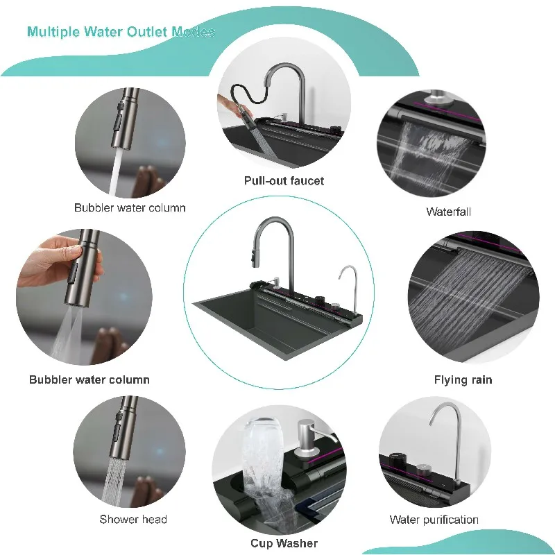 Sk7025 Multifunction Kitchen Sink 304 Stainless Steel Kitchen Sink Faucet Modern Waterfall