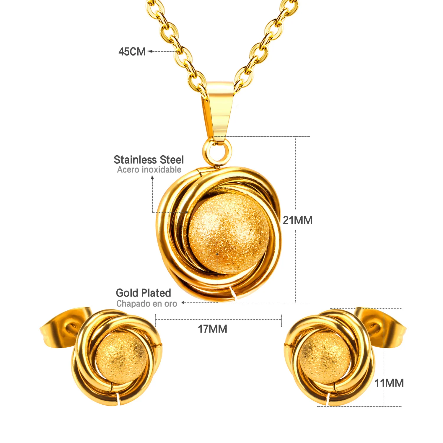 Fashion Jewellery Acero Inoxidable Spherical Pendant Necklace Earrings Gift Set Pvd 18k Gold