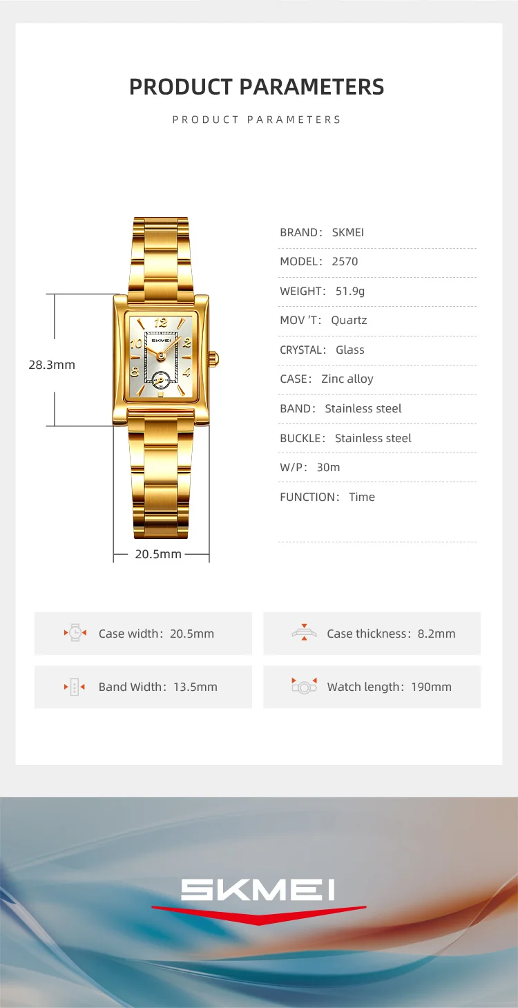 Skmei 2570 Elegant Fashion Women Quartz Watch Costume Stainless Steel Band Waterproof Rectangle in Stock Casual Watch Set