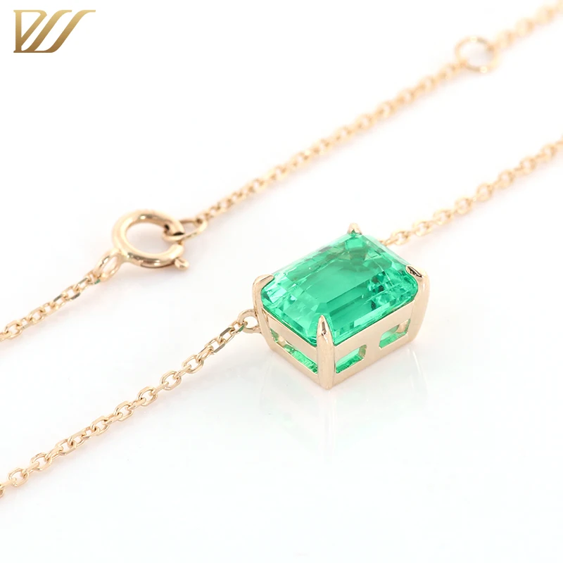 Emerald Cut 7x9 Verdant Lab Created Colombian Emerald Pendant Chain Necklace in 14k Yellow Gold Setting Fine Jewelry for Women