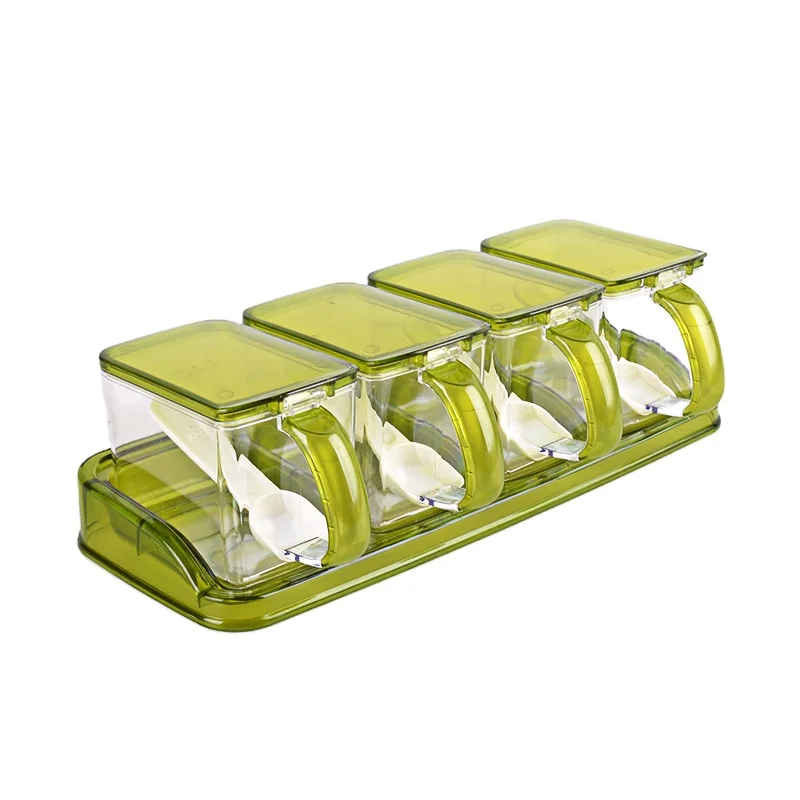 Wholesale Spice Container 4 Compartments Set Plastic Square Spice Box with Spoons Spice Rack Set Kitchen Accessories