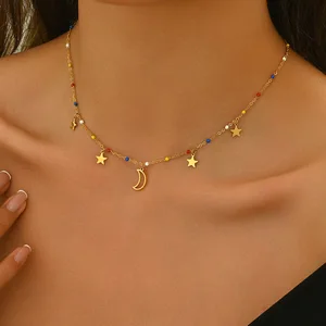 Sporty Style Fresh Sweet Colored Beads Clavicle Chain Hanging Bamboo Hollow Heart Moon Star Stainless Steel Ladies Necklace