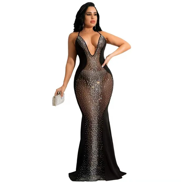 High quality deep v neck patchwork mesh rhinestone dress sexy women elegant evening dress nightclub wear ladies maxi dress - Image 2