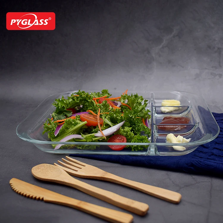 Glass Divided Plate with 4 Compartments Divided Dinner Plates Breakfast Plate with Dividers