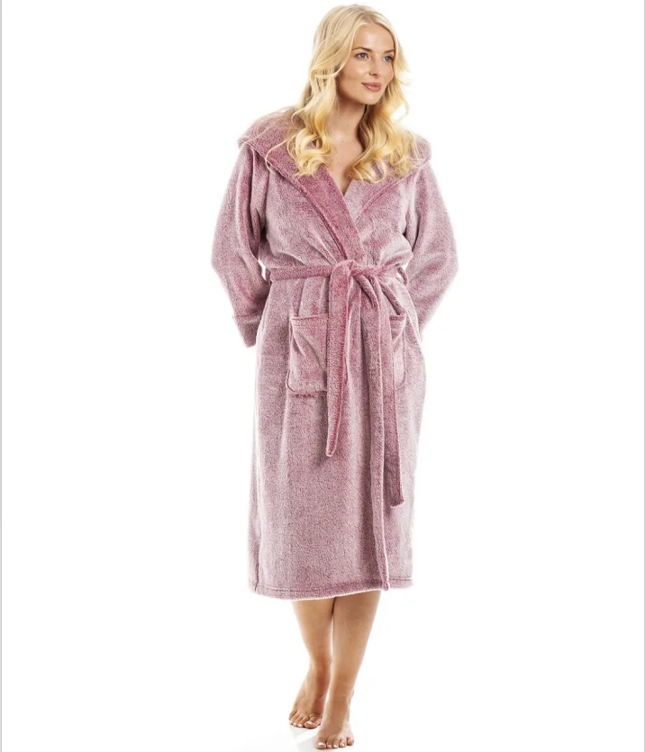 Factory Women's Elegant Full Length Fleece Bathrobe Deep Pile Dressing Gown  with Cozy Warm Plush Hooded Spa Robe Bath Robes