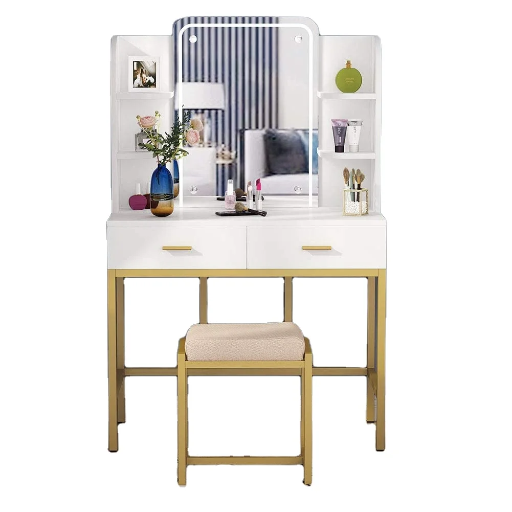 Unique Symmetrical Design Led Light Mirror Golden Iron Frame Simple Iron Dressing Table