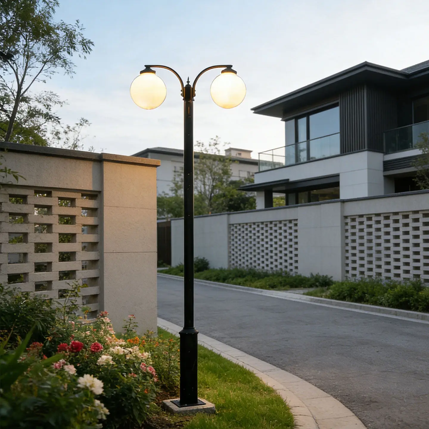 LED Courtyard Light Outdoor Double-Head Landscape Light 3.4m Villa Community Street Light Black Pole 3000K 3000 Lumens Aluminum