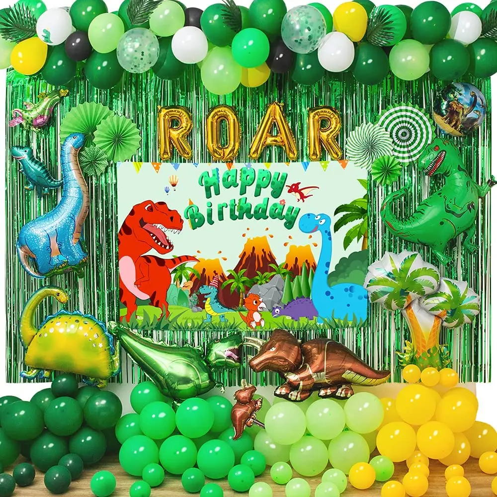  92 piezas de decoración de fiesta de cumpleaños con temática de  dinosaurios, suministros de fiesta de dinosaurios para niños, globos de  dinosaurio, cortinas de papel de aluminio, pancarta de feliz cumpleaños