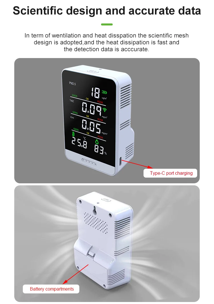Desktop temperature and humidity monitor TVOC HCHO  PM2.5  indoor air quality monitor