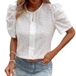 Chic Design Texture Dot Pattern Crew Neck With Buttons Puff Short Sleeve Women's Blouse for Summer