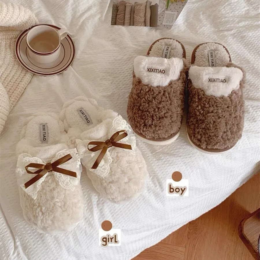 Sayoung Artificial Rabbit Fur Closed Toe Sweet Bow Lace slippers for Women Indoor Home  Flush Warm slippers